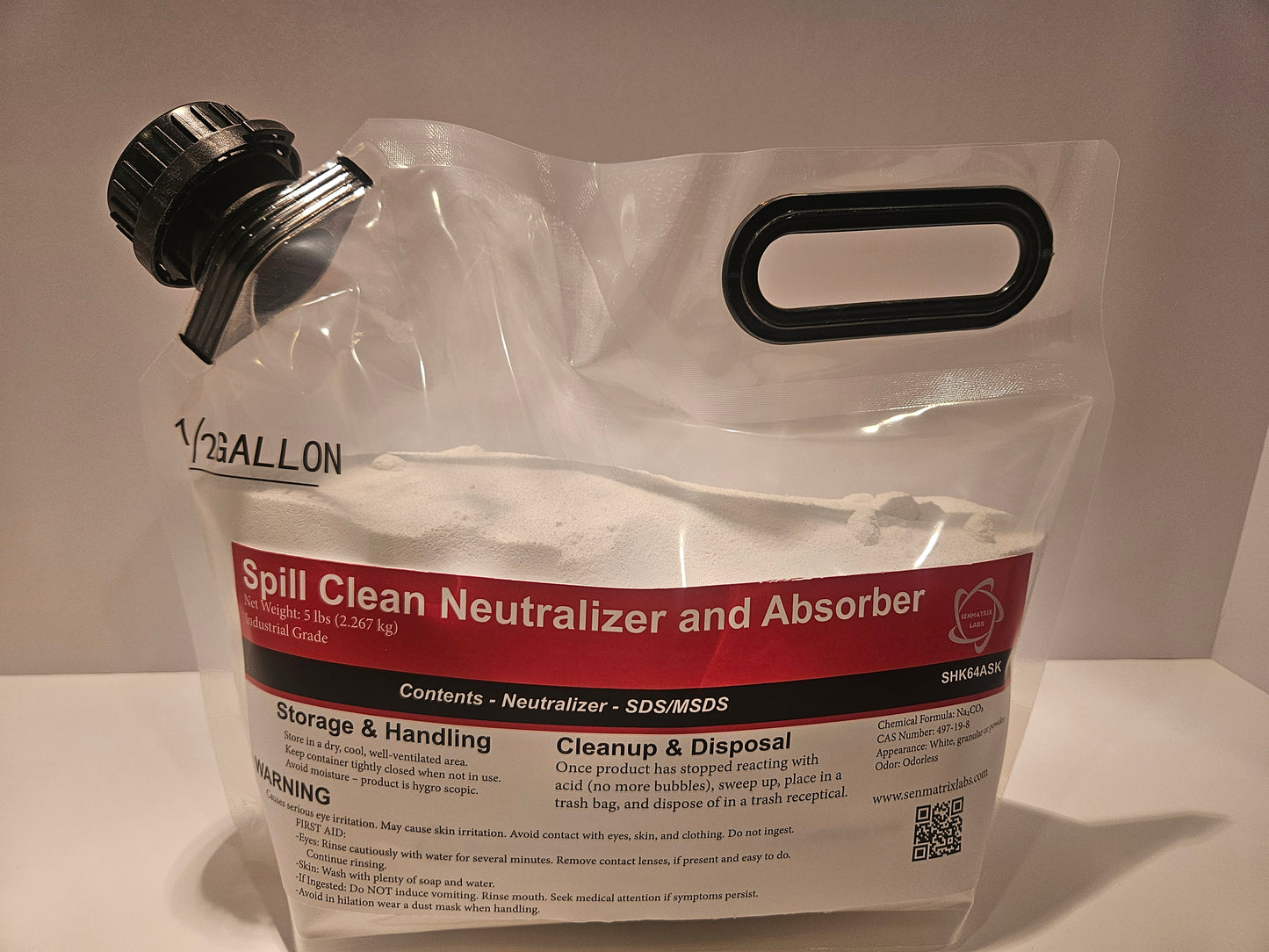 1/2 gallon disposable spill absorber and neutralizer with spout and handle